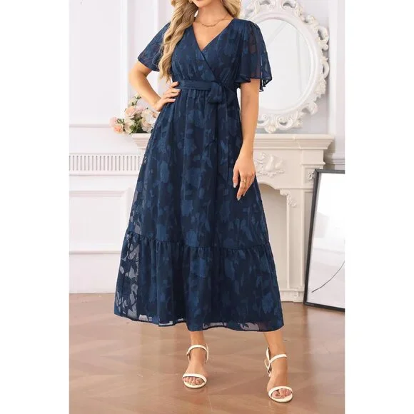 Plus Size Navy Blue V-Neck Maxi Dress for Wedding Guest Spring Summer